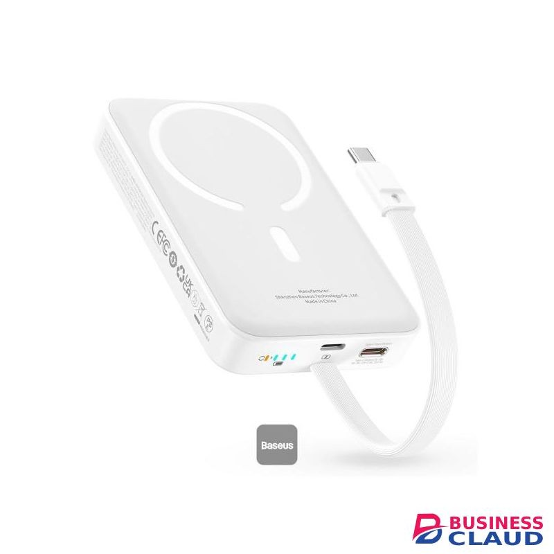 Baseus 10000mAh Magnetic Mini Wireless Fast Power Bank 20W With Built-In Type-C Cable (In and Out) -white