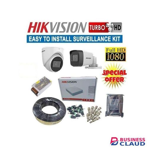 Hikvision 2 Channel Clear Imaging 1080P 2MP CCTV Cameras Complete Installation System Kit -500GB Harddisk +4 Channel DVR Machine -White