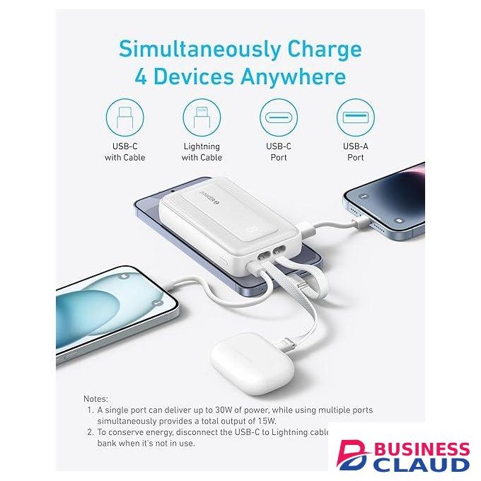 Anker Zolo Power Bank 10,000mAh With 30W, Built-In USB-C And MFi Lightning Cable - White