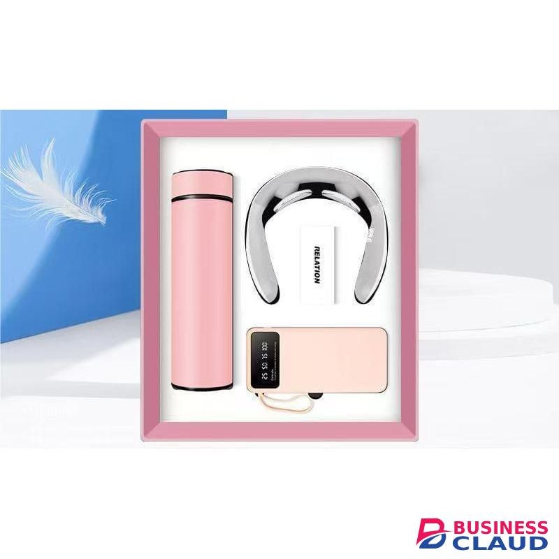 3 in 1 Business Gift Set – 10000mAh Power Bank + Vacuum Flask with Digital Lid + Neck Massager – Pink Edition – Ideal Corporate, Valentine’s & Birthday Gift