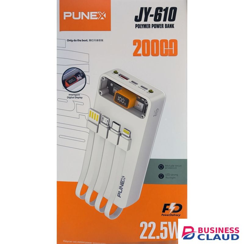 Punex JY-610 20000mAh Fast Charging Polymer Power Bank – 22.5W PD, LED Display, Built-in Cables – White