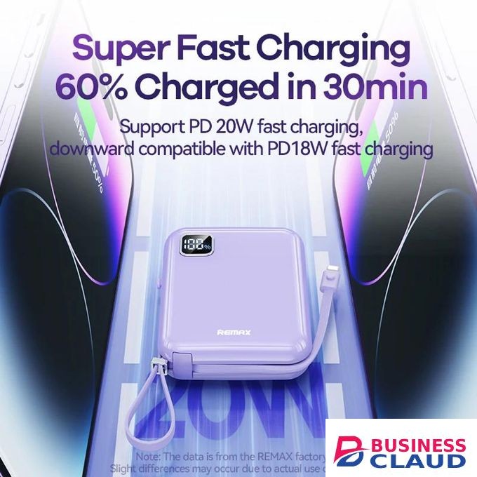 Remax Fast Charging 10000mAh Power bank with Type C and iPhone cables attached