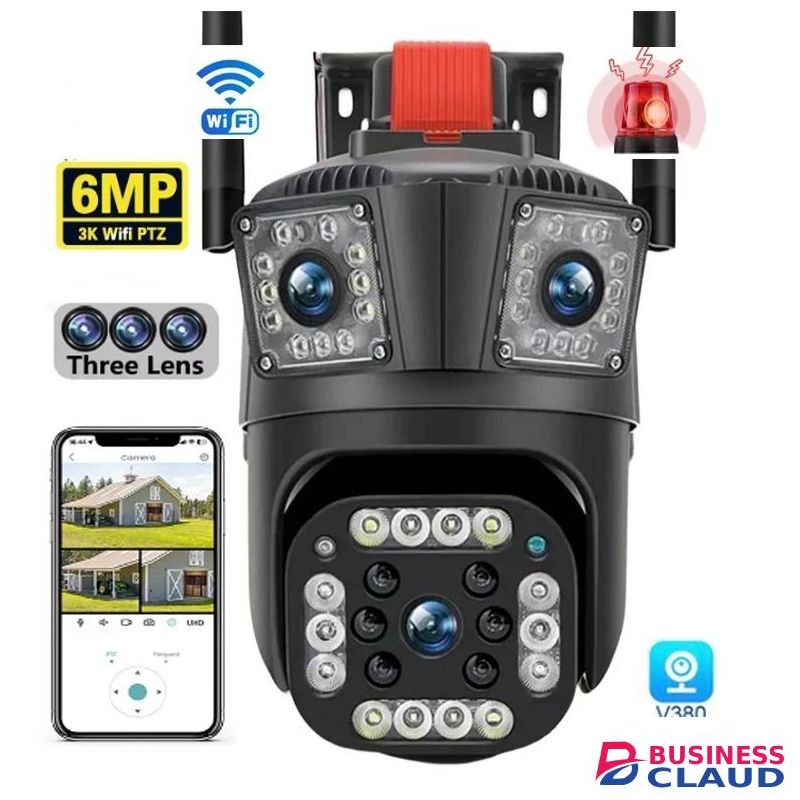 Three-Lens Pan-Tilt-Zoom WiFi Security Camera with Two-Way Audio and Night Vision