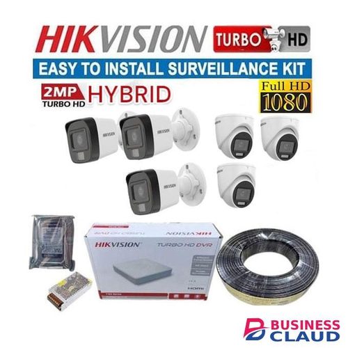 Hikvision 6 1080P 2MP Hybrid Cameras With Built-in Mic 24/7 Full-Color CCTV Full Package With 8 Channel DVR+100M RG59 Cable +1TB Harddisk