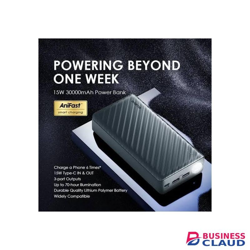 Oraimo OPB-1301 PowerBox 300 Lit 15W Portable Powerbank with 3 Outputs & LED Torch-30,000mAh + Free OTG Cable-Black
