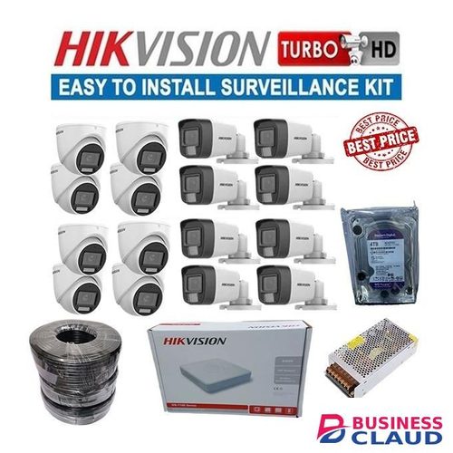 Hikvision 16 High-Quality Video Resolution Top Quality Full Color Smart Hybrid Lighting HD 1080P Full HD 2MP Colored Night Vision Activated CCTV Cameras Complete Security Surveillance System Kit -4TB Harddisk +16 Channel DVR Machine +300M RG59 CCTV Cable