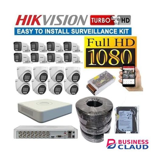 Hikvision 16 Remote Viewing & Video Playback Full Color Smart Hybrid Lighting HD 1080P Full HD 2MP Colored Night Vision Activated CCTV Cameras Complete Security Surveillance System Kit -4TB Harddisk +16 Channel DVR Machine +300M RG59 CCTV Cable