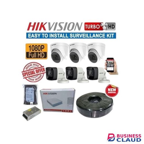 Hikvision 6 Full HD 1080P 2MP High Definition Recording CCTV Cameras Complete Set with 8 Channel DVR + 100M RG59 Cable for Home, Office, Business, Commercial Property Security