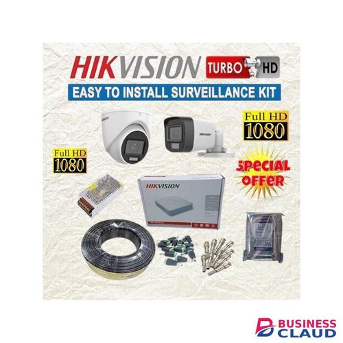 Hikvision 2 Durable and Weather-Resistant Design 1080P Full HD 2MP Smart Hybrid Lighting 24/7 Colored Night Vision ce Recording CCTV Cameras Complete System Kit -500GB Harddisk +4 Channel DVR-White