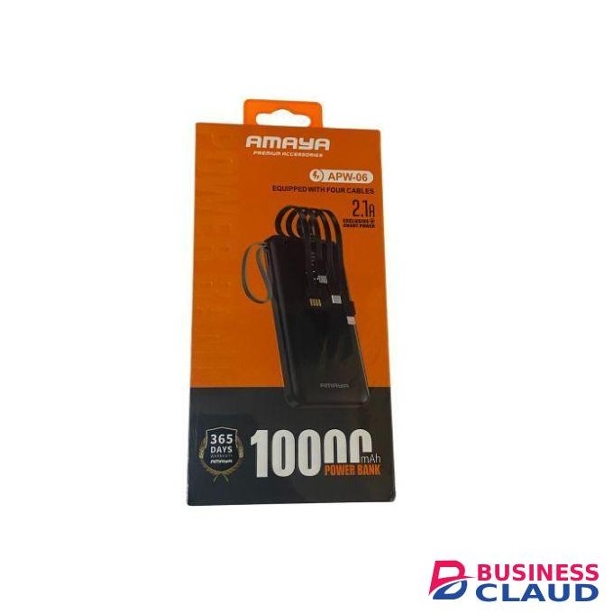 Amaya 10000 mAh power bank with built in micro Type C & Lightning cables