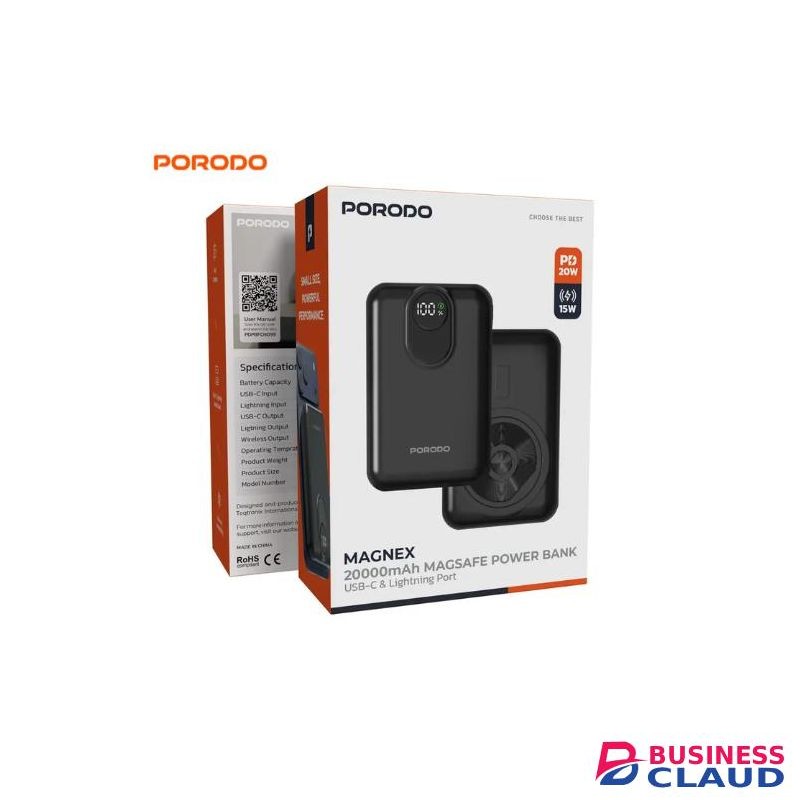 Porodo Magnex 20000mAh MagSafe Power Bank with USB-C & Lightning Ports (PDPBFCH099BK) - Black