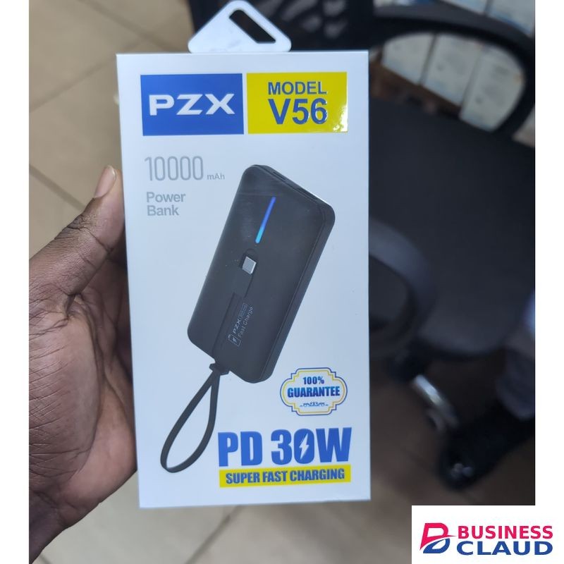 Pzx V56 10000 mAh PD Fast Charging Power Bank 30W With in Built Type C Cable For Samsung, iPhone, Redmi and Google Pixel
