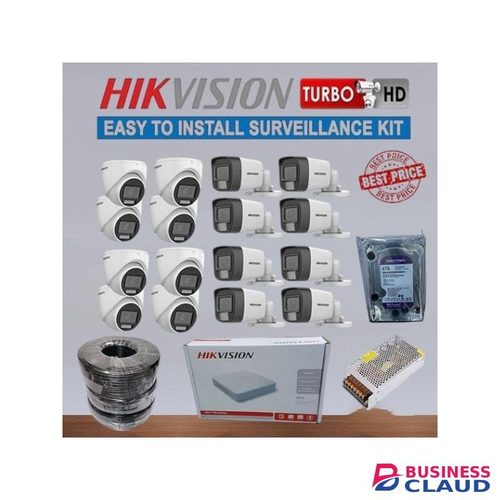 Hikvision 16 Wide dynamic range High-Resolution Imaging Full Color Smart Hybrid Lighting HD 1080P Full HD 2MP Colored Night Vision Activated CCTV Cameras Complete Security Surveillance System Kit -4TB Harddisk +16 Channel DVR Machine +300M RG59 CCTV Cable