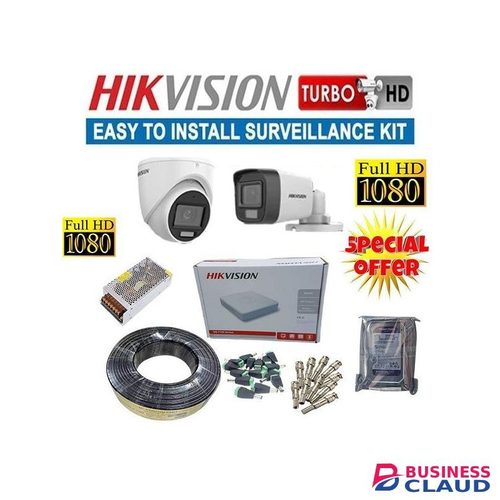 Hikvision Wide Dynamic Range Stunning Image Quality 1080P Full HD 2MP Smart Hybrid Lighting 24/7 Colored Night Vision ce Recording CCTV Cameras Complete System Kit With 500GB Harddisk +4 Channel DVR-White