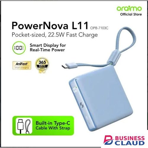 Oraimo PowerNova L11 – 22.5W Fast Charging, Digital Display, Attached Braided Type-C Cable Power Bank