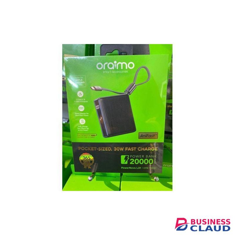 Oraimo PowerNova L21 OPB-7203C 30W 20000mAh fast charging power bank with built in input & output Type C cable,Pocket Size