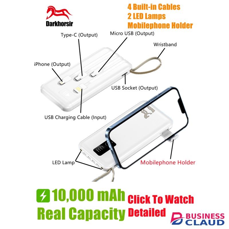 Darkhorsir Fast Built-in 4Cables Real 10,000 MAh Power Bank W