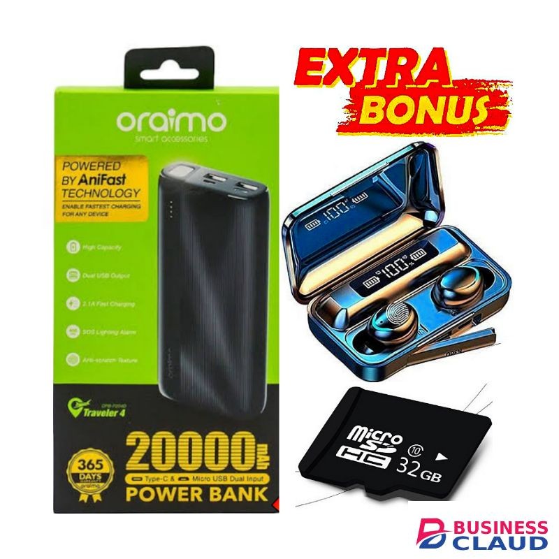 Oraimo Ultra Fast Charging Charger Highly Portable PowerBank 20000mAh // 20000 mAh Carrying Capacity+ VALUE GIFTS Bluetooth Wireless Earbuds, Memory Card 32GB