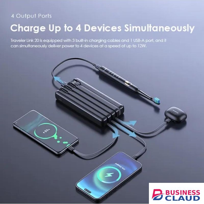 Oraimo Traveler Link 20 20000mAh 12W Power Bank With 4 Built-In Cables – Type-C, Lightning, Micro USB, USB-A – LED Torch, Fast Charging, Wide Compatibility – Black
