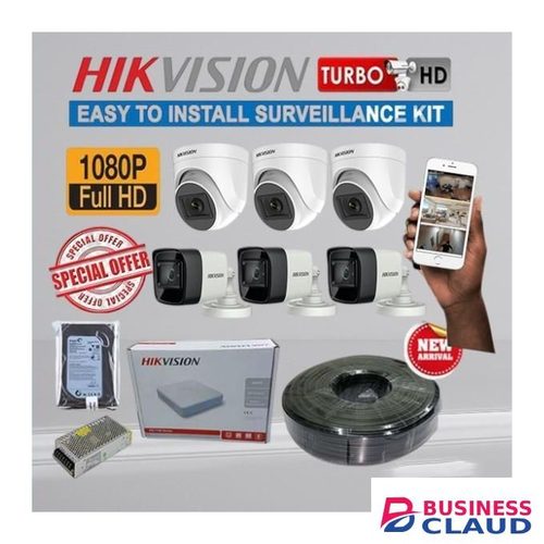 Hikvision 6 Full HD 1080P 2MP CCTV Cameras Complete Installation System Kit Pack-Night Vision+1TB Harddisk+8 Channel DVR Machine