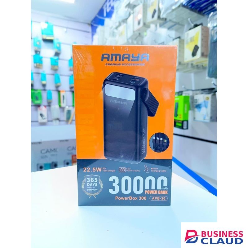 Amaya PowerBox 300 APB-30 30,000mAh 22.5W PD fast charging, LED digital display, Built - Black in Charging Cable - Black
