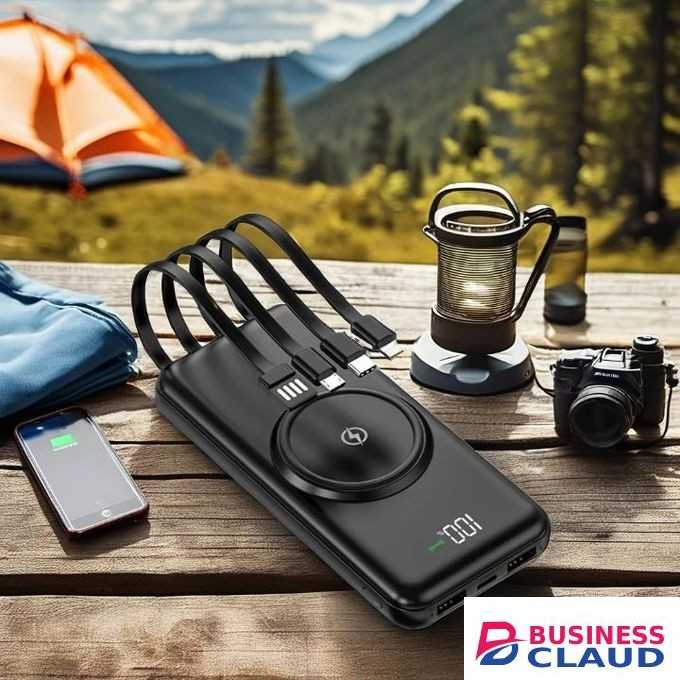 Wireless power bank fast charging powerbank with inbuilt charging cables 30000mAh large capacity powerbank