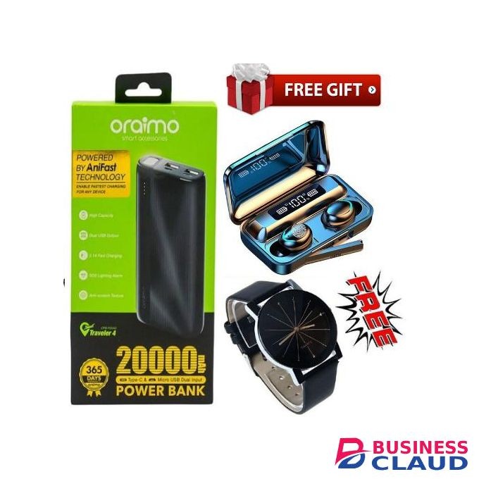 Oraimo Long-lasting 20000mAh Power Bank + Free Bluetooth F9 Earbuds & Watch