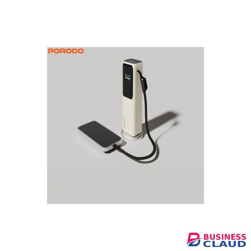 Porodo PDPBFCH098 Smart Display 20000mAh Power Bank with PD 100W High-Speed Charging, QC 22.5W and Built-In Type-C Cable - Beige