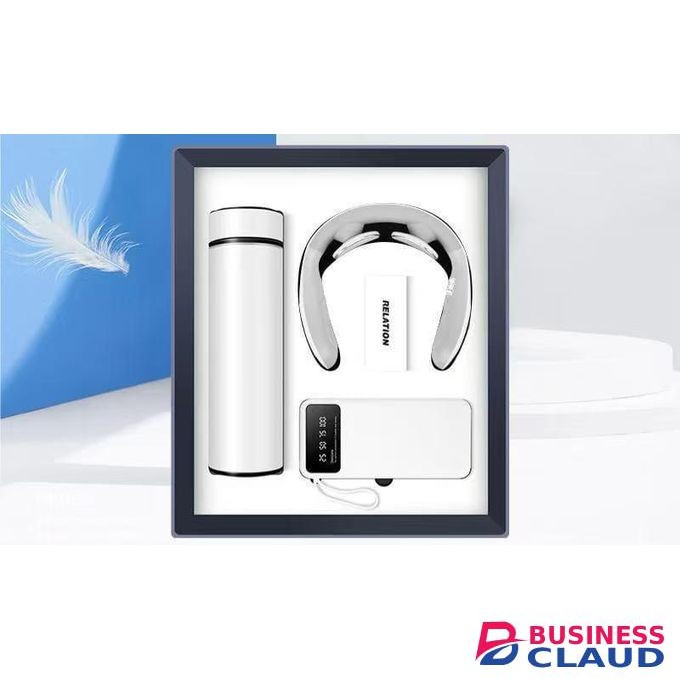 3 in 1 Business Gift Set – 10000mAh Power Bank + Vacuum Flask with Digital Lid + Neck Massager – White Edition – Ideal Corporate, Valentine’s & Birthday Gift