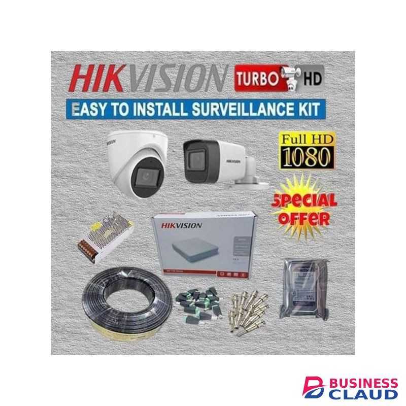 Hikvision Smartphone App Control Support 2 1080P Full HD 2MP CCTV Cameras Complete Installation System Kit -500GB Harddisk +4 Channel DVR Machine -White