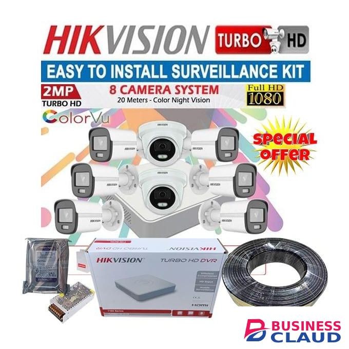 Hikvision 6 Pcs Turbo HD 1080P Full HD 2MP 24/7 Colored Day & Night Vision CCTV Cameras Complete System Kit- 8 Channel DVR + Record Audio Sound + FREE 3M HDMI Cable