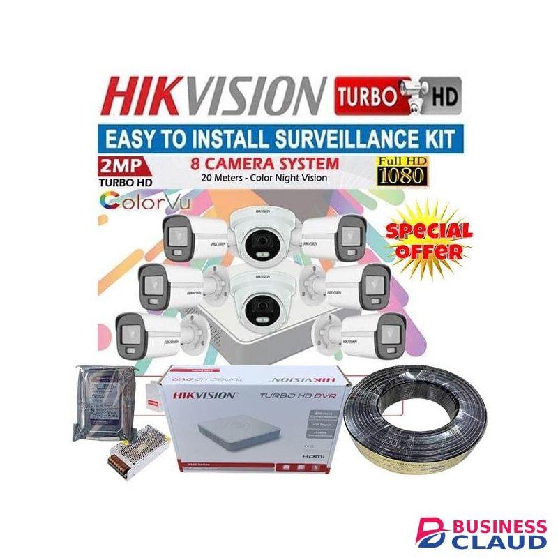Hikvision 8 Colorvu 1080P Full HD 2MP 24/7 colorful images CCTV Cameras Complete System Kit With 8 Channels Digital Video Recorder (DVR Machine)