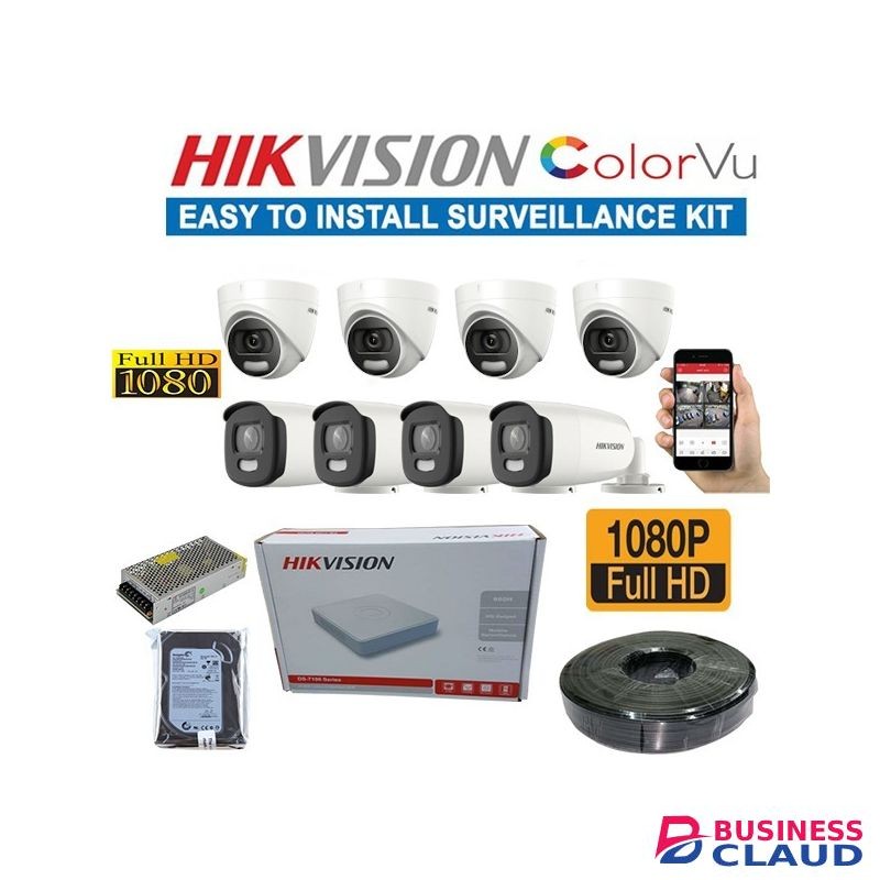 Hikvision 8 1080P 2MP Full ColourVu CCTV Cameras Complete System Kit -150M RG59 Cable + 1TB Harddisk