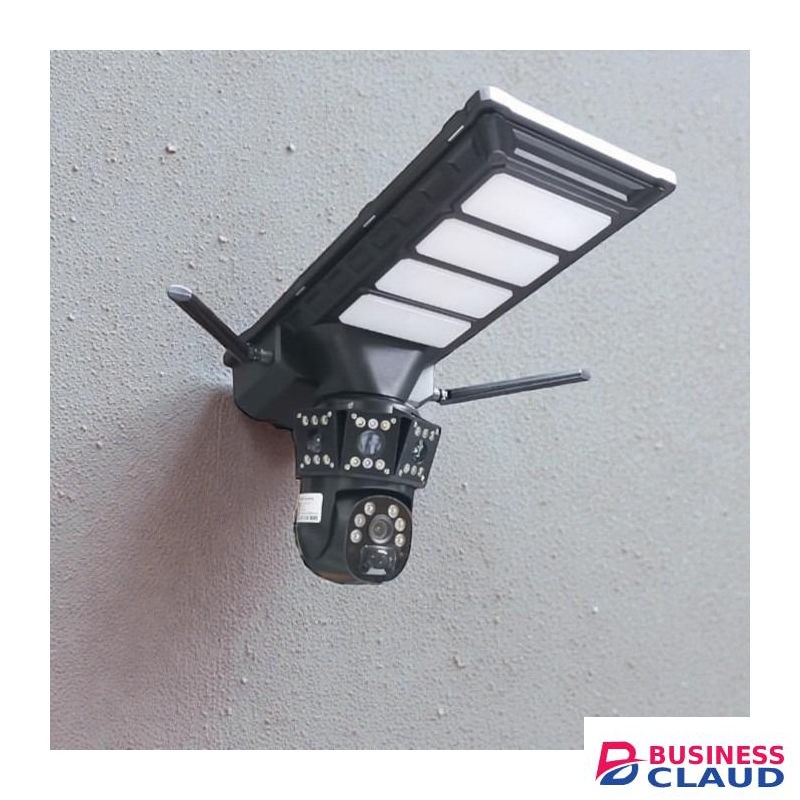 Multiple Lens AI Human Movement Detection 1080P Full HD Video Auto Tracking Two Way Communication Smartphone App Control Cloud Storage Support Waterproof Housing 4G PTZ Rotating Solar Camera with High Brightness LED Solar Street Light