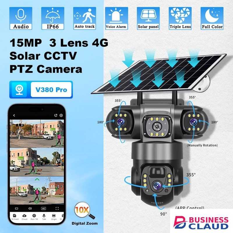V380 PRO Wireless Solar Light Outdoor Powered 4G 3LENS AI Human Night Vision Motion Tracking Waterproof PTZ Security CCTV Surveillance LED Street Camera