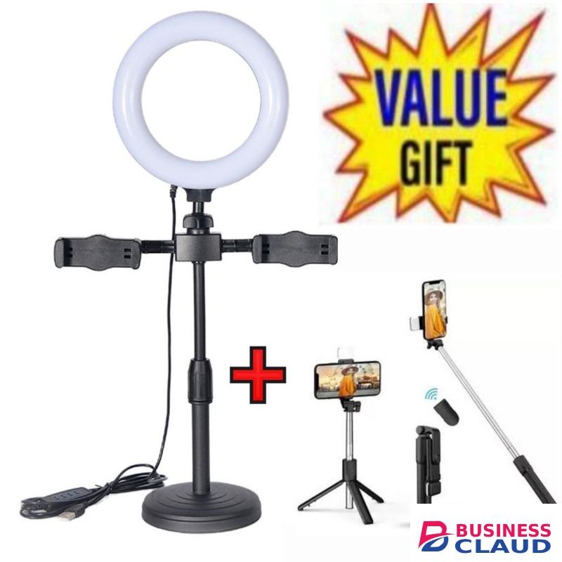 6"LED Ring Light Dimmable Video Makeup Selfie Night Light - Black+ Selfie Stick with light.