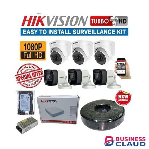 Hikvision Newest 6 Full HD Original Overseas Version 1080P Resolution 2MP CCTV Complete System Kit Package - With 8 Channel DVR+ Night Vision+ 100M RG59