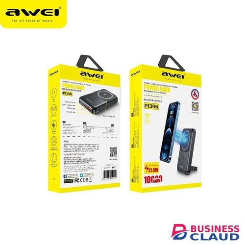 Awei 10,000mAh Magnetic Wireless Power Bank 22.5W Wired & 15W Wireless Charging Built-in Stand