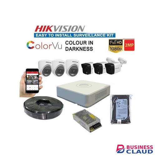 Hikvision 6 1080p 2mp Weatherproof & Durable Colourvu CCTV Camera Full System Kit -24/7 Coloured Images