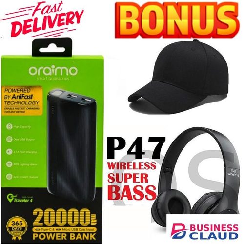 Oraimo Longlasting Travellers Powerbank 20000mAh Power Bank For Smartphones & Button Phones + EXTRA BONUS Bluetooth Wireless Headphones & Cap