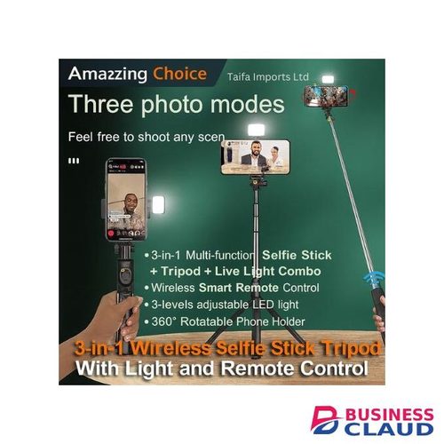 ADJUSTABLE PHONE CAMERA TRIPOD STAND + Wireless Bluetooth Remote for Selfie Blogging YouTube video recording, podcast & blogging -3-in-1 Selfie Stick Tripod Stand - 360° Rotating Holder - LED Light