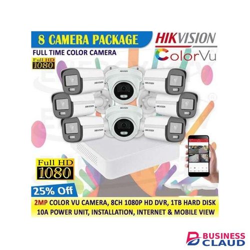 Hikvision 8 Turbo HD 1080p Full HD 2MP Colored At Night CCTV Camera Complete System Kit Installation Package -24/7 Colored Images Day & Night + Record Audio Sound+ 1TB Harddisk+ FREE 3M HDMI Cable