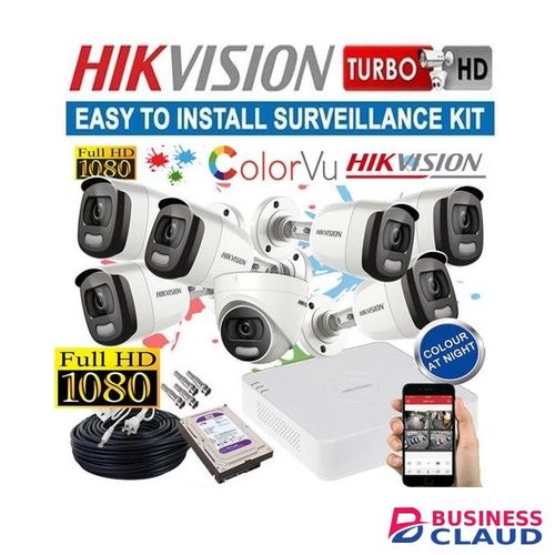 Hikvision 7 Turbo HD 1080p Full HD 2MP Colored At Night CCTV Camera Complete System Full Installation Kit -24/7 Colored Images Day & Night + Record Audio Sound+ 1TB Harddisk+ FREE 3M HDMI Cable