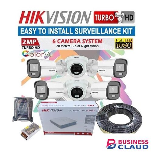 Hikvision 6 1080P Full HD 2MP Resolution 24/7 Day & Night Vision Full-Color Images Audio Sound Recording ColourVu Indoor & Outdoor CCTV Surveillance Camera Complete Installation Kit + FREE 3M HDMI Cable