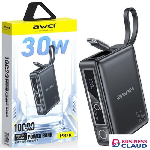 Awei 10,000mAh 30W Power Bank Built-in USB-C Cable LED Display Multi-Device Charging