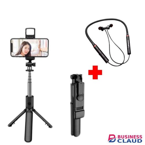 R1S 70cm Selfie Stick + Lenovo HE05X II Earbuds Magnetic Waterproof Sports Stereo Neckband Earphones