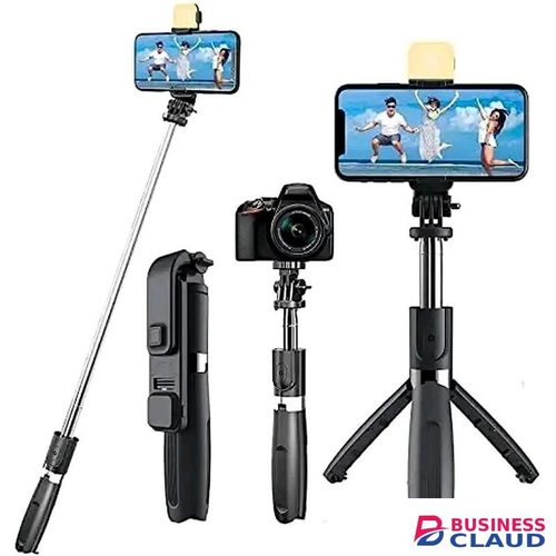 tripod Multifunctional 4-in-1 selfie stick stand that includes a detachable wireless Bluetooth remote, an extendable stainless steel pole, and a built-in