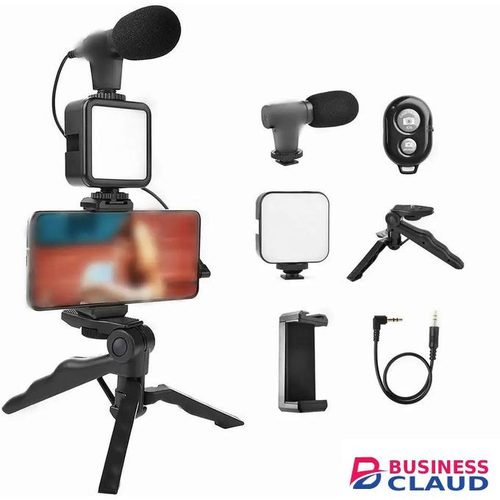 Vlogging Kit for iPhone, Android (with Tripod), with Mini LED Video Light + Cardioid Microphone + Phone Clip + Tripod for Video