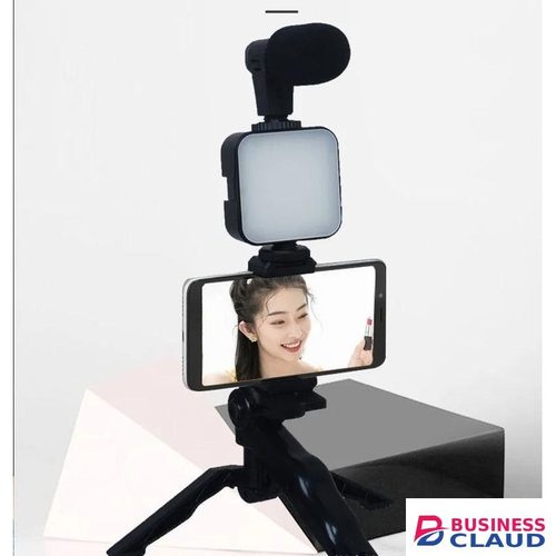 Vlogging Kit for iPhone, Android (with Tripod), with Mini LED Video Light + Cardioid Microphone + Phone Clip + Tripod for Video Calling