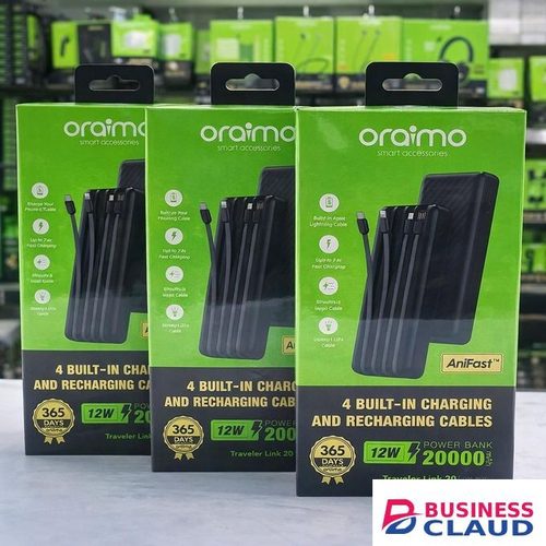 Oraimo Traveler Link 20 – 20000mAh Power Bank (4 Built-In Charging & Recharging Cables, 12W Fast Charge)